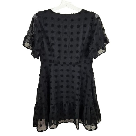 Womens Size S Swiss Dot Textured Black V-Neck Mini Dress W/ Ruffle Hem Casual - Picture 3 of 12